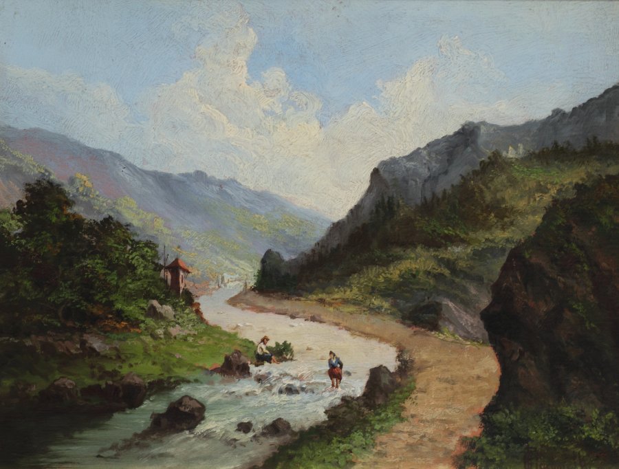 ferruccio giacomelli: Torrente con contadini 